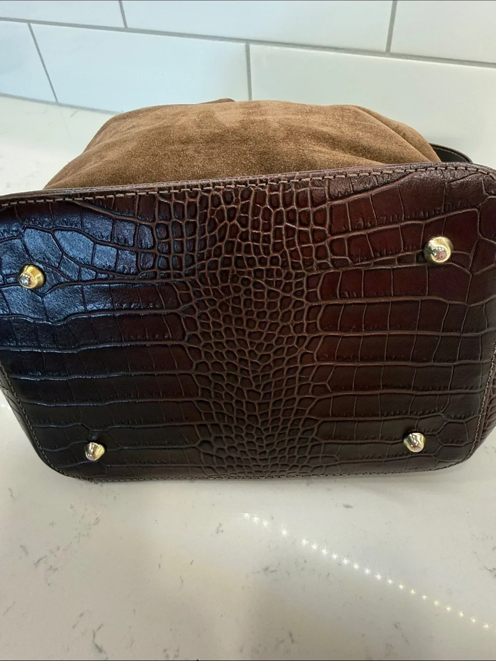 Isadora Brown Suede Drawstring Bucket Bag with Croc-Textured Trim Italy